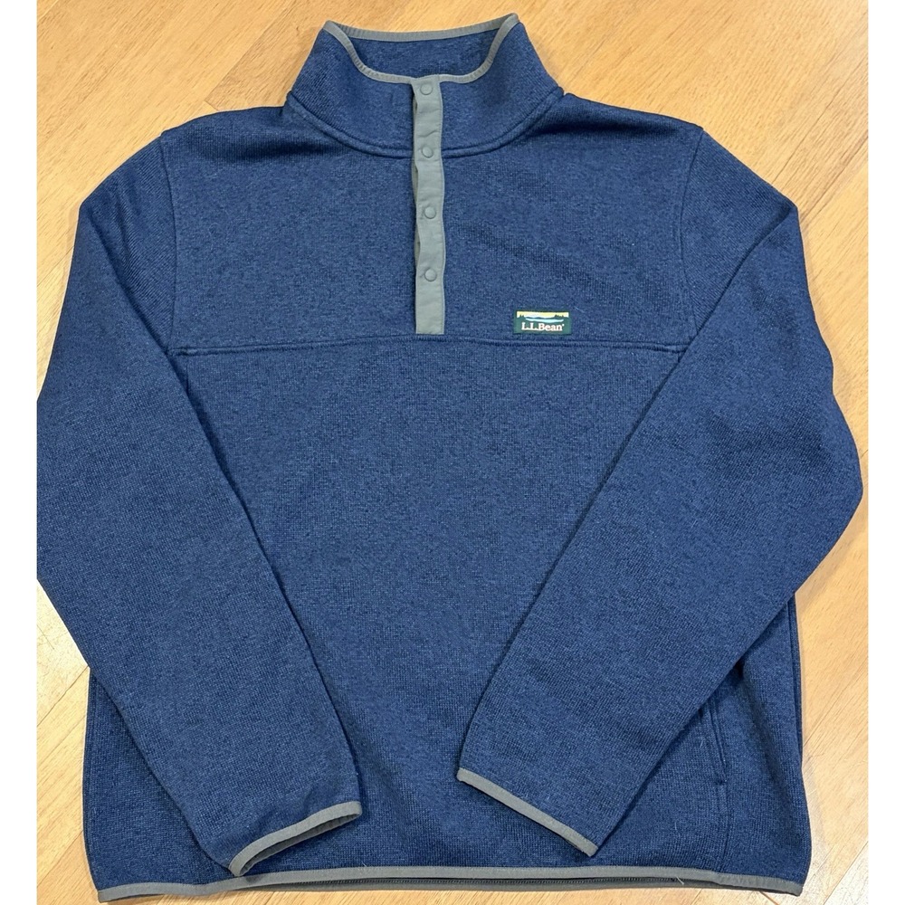 LL Bean Pullover 1/4 Snap Button Blue Sweater Fleece Slightly Fitted Mock Neck